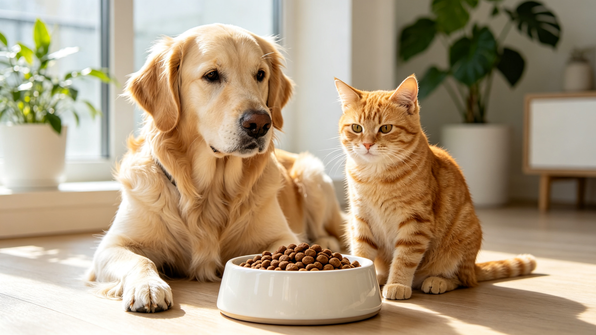 金毛犬和橘猫在食碗前